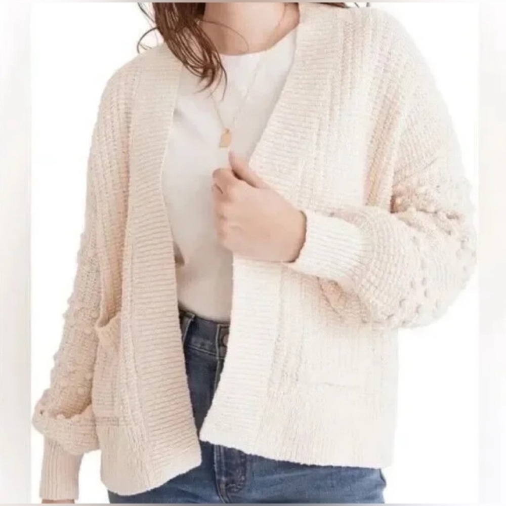 Madewell Bobble Pom Pom Balloon Sleeve Cardigan Cream XXL